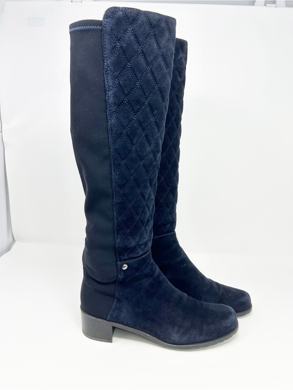Stuart Weitzman Knee High Riding Boots Navy Blue Quilted Low Heel Size 6.5 M